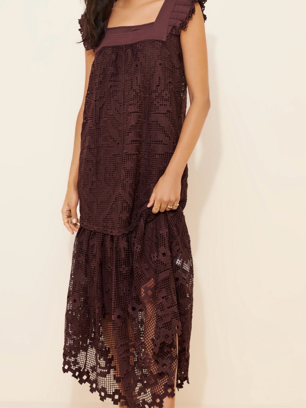 FARM Rio Plum Crochet Maxi Dress with Ruffle Straps